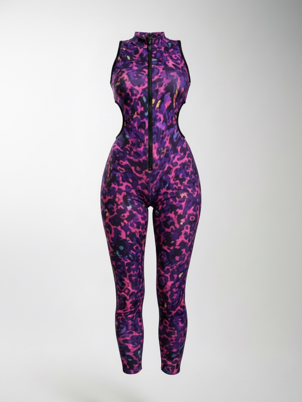Sleeveless Purple Leopard Print Jumpsuit with Front Zip.  L